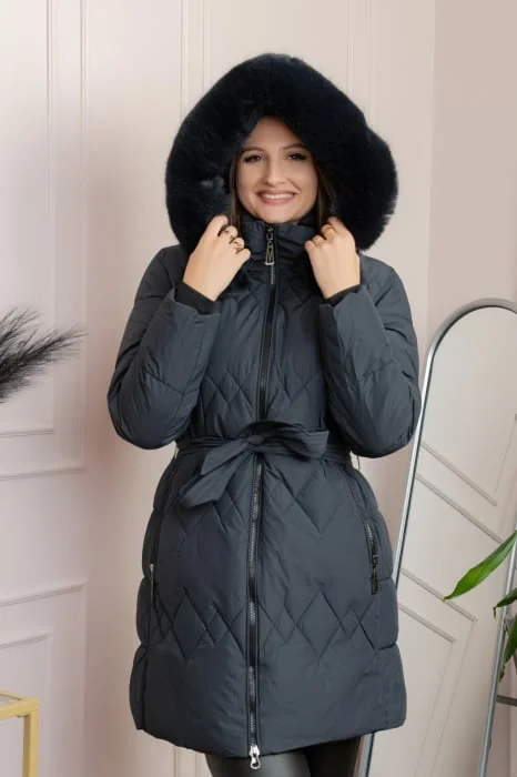 Geaca lunga matlasata din fas Valerie cu gluga detasabila si cordon - Bleumarin