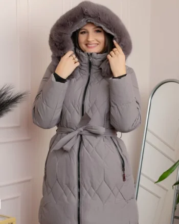Geaca lunga matlasata din fas Valerie cu gluga detasabila si cordon - Gri lavanda