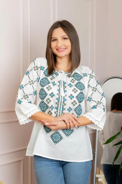 Bluza tip ie alba cu motiv geometric bleu Damiana