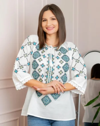 Bluza tip ie alba cu motiv geometric bleu Damiana