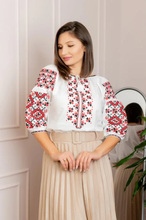 Bluza tip ie alba cu motiv geometric bicolor Magda