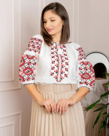 Bluza tip ie alba cu motiv geometric bicolor Magda