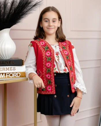 Vesta traditionala rosie pentru fetite cu broderie florala roz Lacramioara