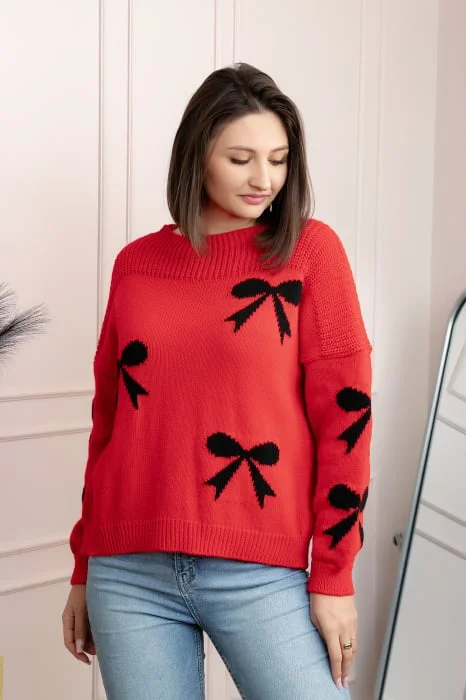Pulover tricotat Betty cu fundite - Rosu