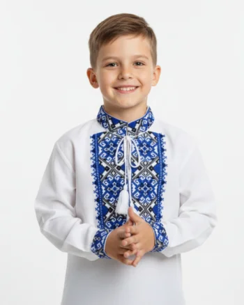 Camasa traditionala de baieti alba cu motiv geometric albastru Ioan