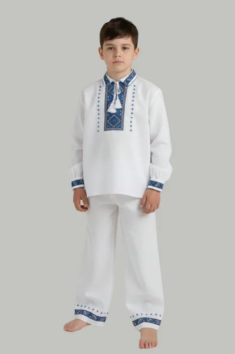 Compleu traditional alb pentru baieti cu motiv geometric albastru Stefan