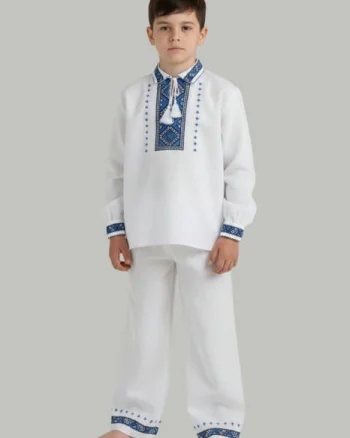 Compleu traditional alb pentru baieti cu motiv geometric albastru Stefan