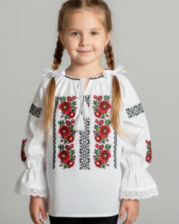 Ie traditionala alba pentru fetite cu motiv floral rosu Aniela