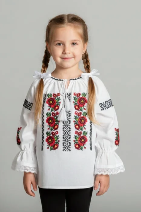 Ie traditionala alba pentru fetite cu motiv floral rosu Aniela