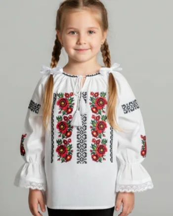 Ie traditionala alba pentru fetite cu motiv floral rosu Aniela