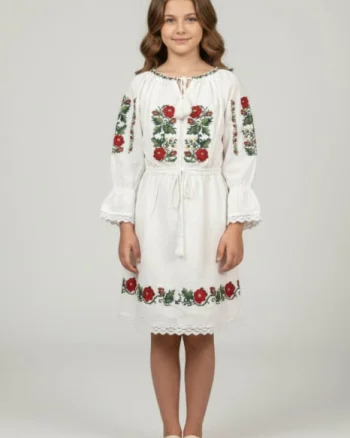 Rochie traditionala alba pentru fetite cu motiv floral rosu Elena