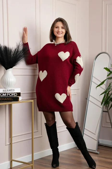 Pulover tip rochie Taylor cu inimioare aurii din fir lame - Grena