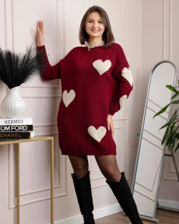 Pulover tip rochie Taylor cu inimioare aurii din fir lame - Grena