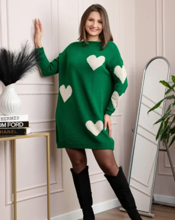 Pulover tip rochie Taylor cu inimioare aurii din fir lame - Verde