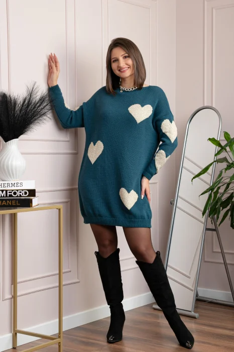 Pulover tip rochie Taylor cu inimioare aurii din fir lame - Turcoaz