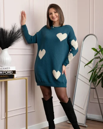Pulover tip rochie Taylor cu inimioare aurii din fir lame - Turcoaz