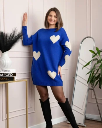 Pulover tip rochie Taylor cu inimioare aurii din fir lame - Albastru