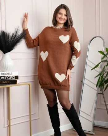Pulover tip rochie Taylor cu inimioare aurii din fir lame - Maro