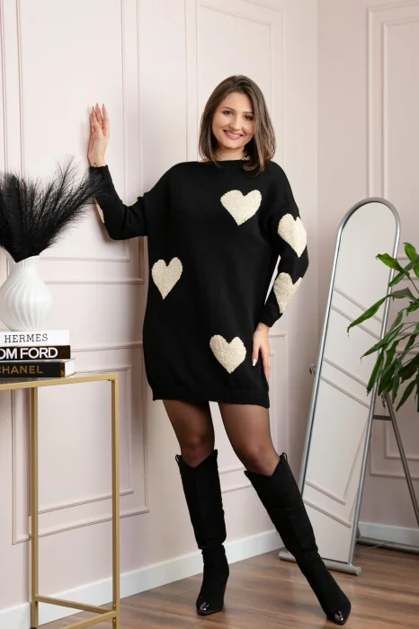 Pulover tip rochie Taylor cu inimioare aurii din fir lame - Negru