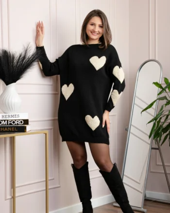 Pulover tip rochie Taylor cu inimioare aurii din fir lame - Negru