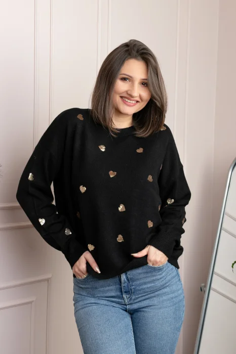 Pulover negru Riley cu inimioare din paiete aurii
