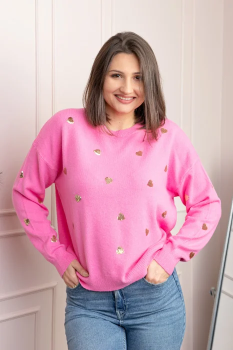 Pulover roz Riley cu inimioare din paiete aurii