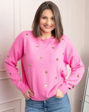 Pulover roz Riley cu inimioare din paiete aurii