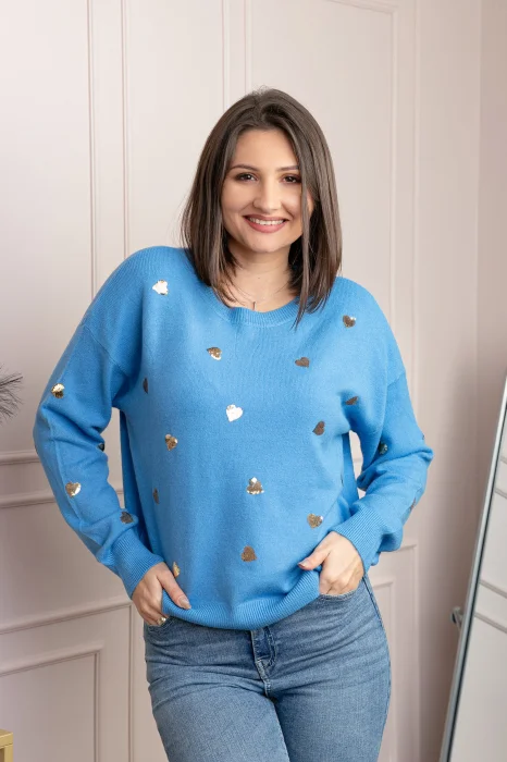 Pulover albastru Riley cu inimioare din paiete aurii