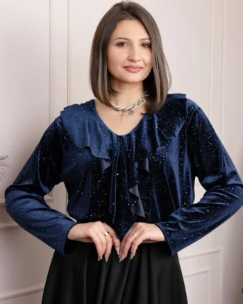 Bluza eleganta din catifea Cynthia cu volan si sclipici discret - Bleumarin