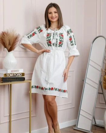 Rochie alba cu motiv floral rosu Lucia