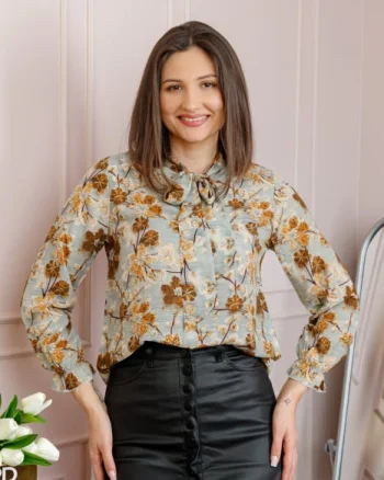 Bluza eleganta Nathalie cu funda la gat si imprimeu galben si crem