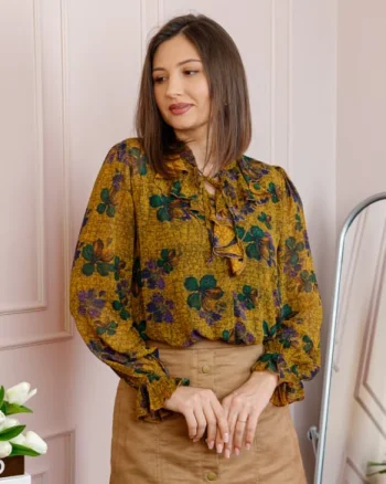 Bluza eleganta galben mustar Lucienne cu imprimeu verde si jabou