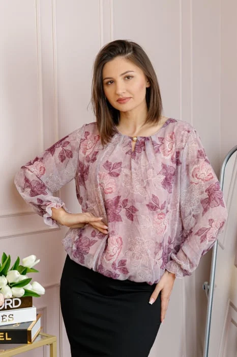 Bluza dama Pauline din voal lila cu imprimeu floral mov