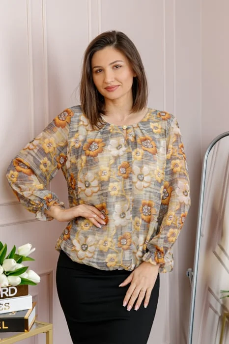 Bluza dama Pauline din voal bej nisipiu cu imprimeu floral galben