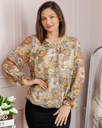 Bluza dama Pauline din voal bej nisipiu cu imprimeu floral galben