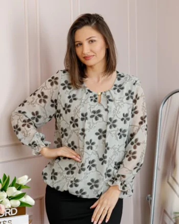 Bluza dama Pauline din voal gri cu imprimeu floral negru