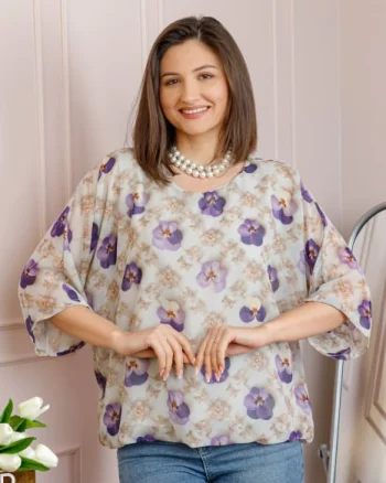 Bluza dama Maddie din voal bej cu imprimeu floral mov