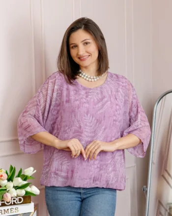 Bluza dama Maddie din voal lila cu imprimeu floral alb