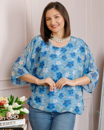Bluza dama Maddie din voal bleu cu imprimeu floral albastru