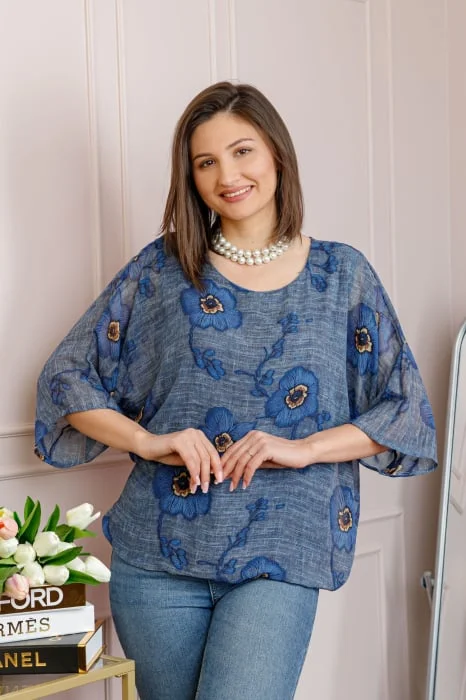 Bluza dama Maddie din voal gri albastrui cu imprimeu floral albastru