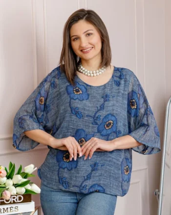 Bluza dama Maddie din voal gri albastrui cu imprimeu floral albastru