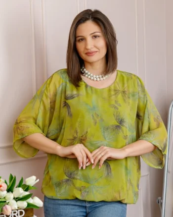 Bluza dama Maddie din voal verde lime cu imprimeu floral verde petrol