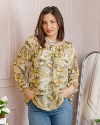 Bluza dama din voal bej cu fluturi galbeni Georgia