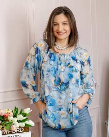 Bluza dama din voal bleu cu fluturi albastru regal Georgia