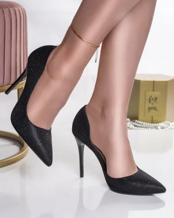 Pantofi dama cu toc negri din glitter rode
