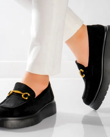 Pantofi dama casual Negri din Piele Ecologica Intoarsa Arola