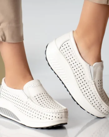 Pantofi dama casual albi piele naturala flori
