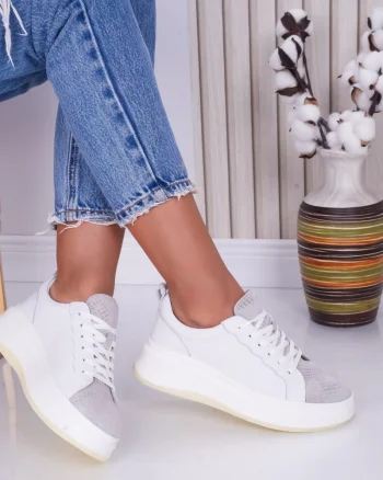 Pantofi dama casual White Silver din Piele Naturala Lizy