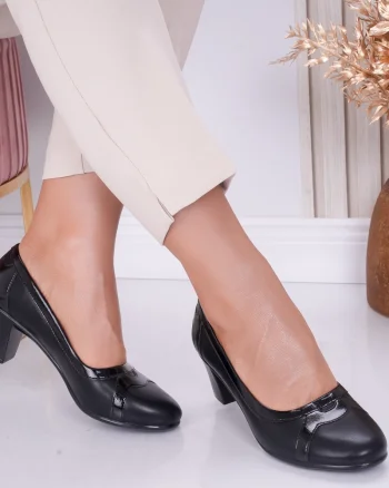 Pantofi dama cu toc Negri din Piele Ecologica Inez
