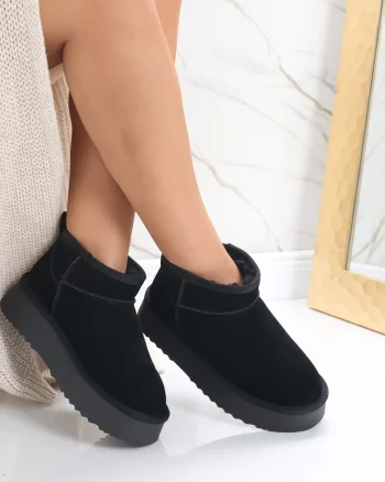 Cizme Dama Imblanite Negre din Piele Naturala Intoarsa Zirana